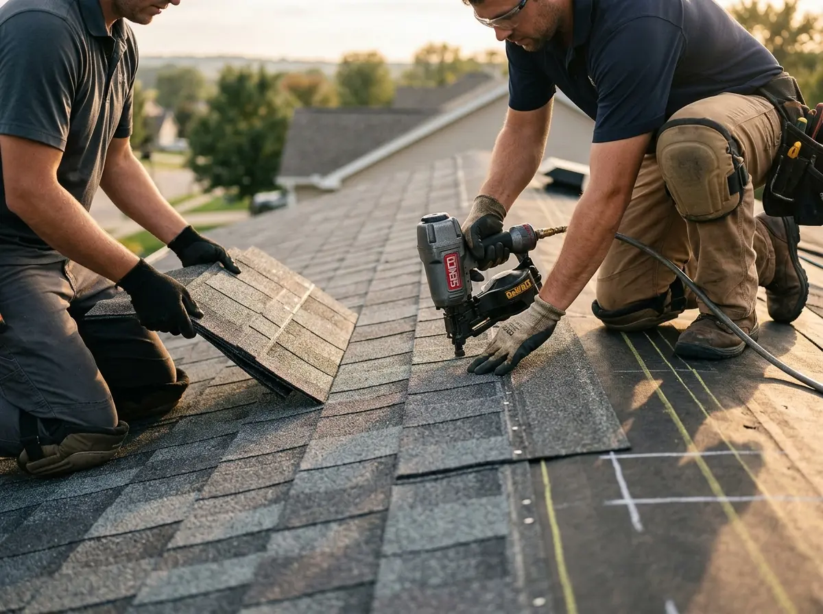 Professional roofer working on a residential roof in Doney Park